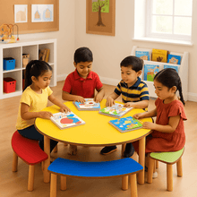 Load image into Gallery viewer, Preschool Table : Brilla Wooden Round Large Activity Table with 4 benches - Brilla: One-Stop Solution for Preschool Resources