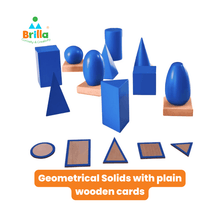 Load image into Gallery viewer, Montessori Geometrical Solids with plain wooden cards &amp; stands in box - Brilla: One-Stop Solution for Preschool Resources
