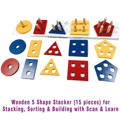 Montessori Materials - Wooden 5 Shape Stacker (15 pieces) for Kids