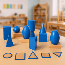 Load image into Gallery viewer, Montessori Geometrical Solids with plain wooden cards &amp; stands in box - Brilla: One-Stop Solution for Preschool Resources
