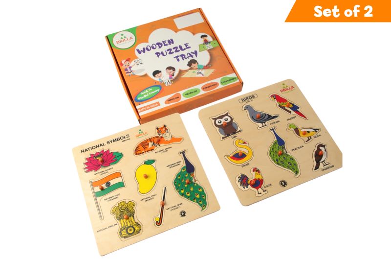 Brilla Wooden Educational Puzzle for Kids - Learning National Symbol & Birds (Set of 2) with Scan & Learn