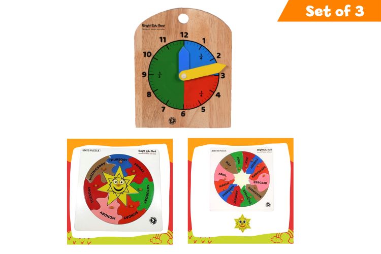 Brilla Wooden Educational Puzzles for Kids (above 4 years) - Learning Clock, Learning Days in a Week & Learning Months of the Year (Set of 3) with Scan & Learn
