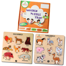 Load image into Gallery viewer, Brilla Wooden Educational Puzzle for kids - Learning Wild Animals &amp; Farm Animals Combo with Scan &amp; Learn (Set of 2)
