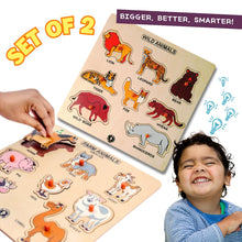 Load image into Gallery viewer, Brilla Wooden Educational Puzzle for kids - Learning Wild Animals &amp; Farm Animals Combo with Scan &amp; Learn (Set of 2)
