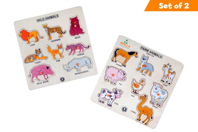 Brilla Wooden Educational Puzzle for kids - Learning Wild Animals & Farm Animals Combo with Scan & Learn (Set of 2)