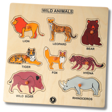 Load image into Gallery viewer, Brilla Wooden Puzzle Tray Wild Animal (AR Tech Enabled with Anytime Teacher) Montessori toys Educational toys Wooden Toys Wooden Wild Puzzle Tray for Kids Best Montessori Material for Kids  Best Montessori Wooden Wild Animal Puzzle Tray for Kids and Preschoolers Best Montessori Material In India  Best Montessori Material In Bangalore The Best Brilla Wooden Wild Animal Puzzle Tray for Kids Brilla Educational toys  Buy Montessori Material Buy Wooden Toys for kids
