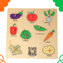 Load image into Gallery viewer, Wooden Pegged Premium  Fruits and vegetable Educational Puzzle for recognition of Fruits and Vegetables for kids between 2 to 5 years (Augmented Reality enabled  Educational  Learning Toy)
