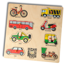 Load image into Gallery viewer, Wooden Pegged Premium Transportation &amp; National Symbol Educational Puzzle for recognition of Transportation and National Symbol for kids between 2 to 5 years (Augmented Reality enabled  Educational  Learning Toy)
